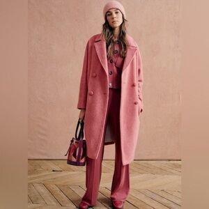 NWT Sézane Jim Boise De Rose Rosewood Dark Pink Double Breast Long Peacoat Coat
